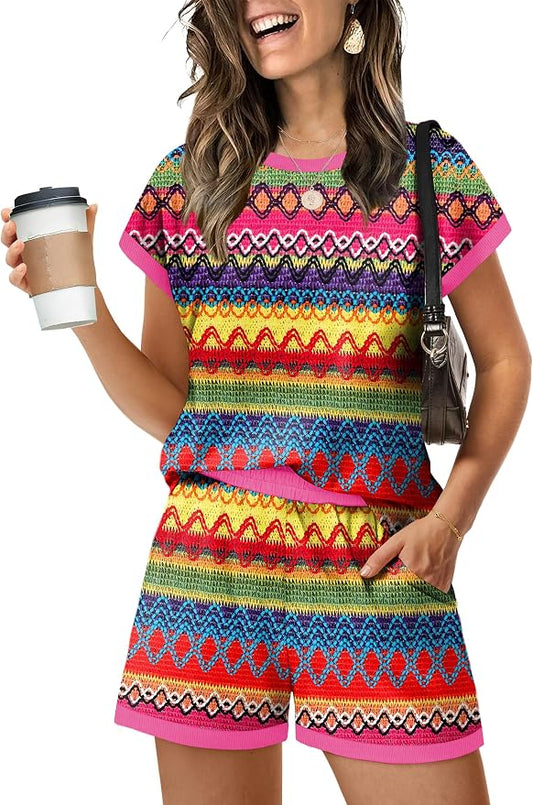 WIHOLL Two Piece Sets for Women Summer Lounge Short Sets Cap Sleeve Crew Neck Sweatsuit with Pocket XS-2XL by WIHOLL