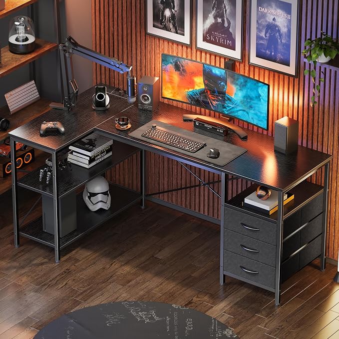 Huuger L Shaped Office Desk with Power Outlets, 55 Inch Computer Desk with 3 Drawers, Shelves, Reverisble for Gaming Corner Work Home Office Study, Black - Image 8