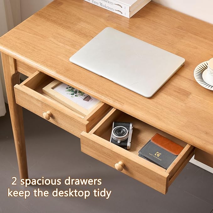 47" Solid Wood Desk with Drawers,Mid Century Modern Natural Real Wood Writing Desk,Home Bedroom Computer Office Workstation Desks,Small Spaces,Wood Color - Image 5