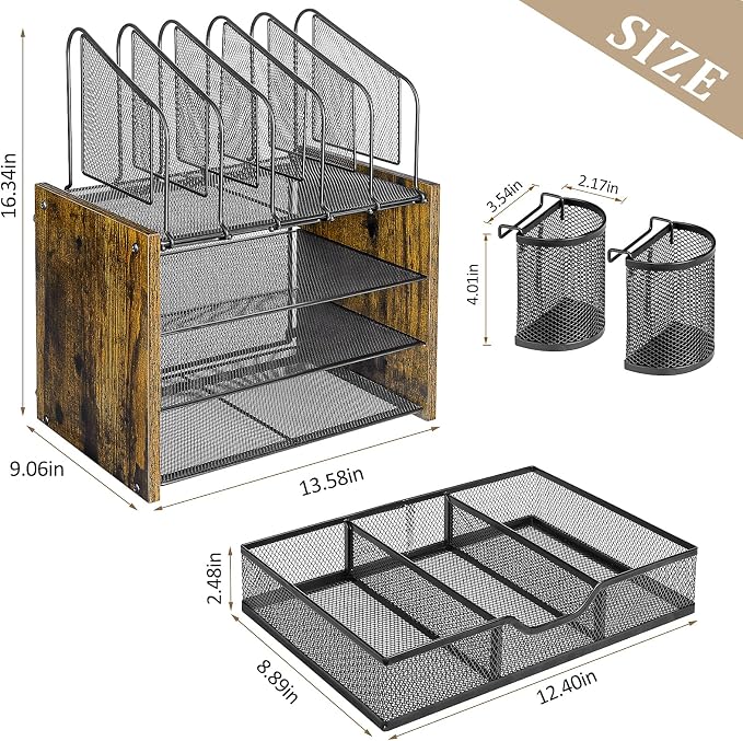 DAOUTIME 4-Tier Mesh Desk Organizer, Wooden Desk File Organizer with 5 Vertical File Holders and 2 Pen Holders, Desktop Organizers and Accessories with Drawer for Home Office - Image 6
