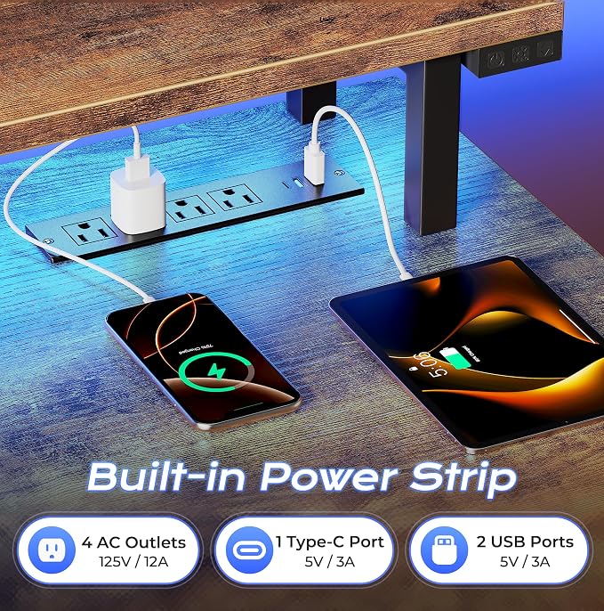 PRAISUN 63 inch Gaming Desk, LED & Outlets, Monitor Stand, Rustic Brown | Sturdy PC Desk for Home Office, Study & Work, LED Lights, 4 AC Outlets & USB-C Charging Station - Image 5