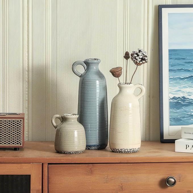 Ceramic Vases Set of 3, Neutral Rustic Farmhouse Vase with Handle, Decorative Flower Vases Home Decor Modern Boho Pampass Vase for Table Mantel Entryway Shelf Living Room Kitchen Bathroom - Ocean - Image 5