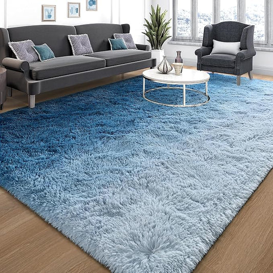 Tepook Fluffy Large Rugs for Living Room, 8x10 Area Rugs for Bedroom, Modern Shag Fuzzy Carpets for Kids Boys Girls, Plush Indoor Nursery Home Decor Rug with Non-Slip Bottom, Gradient Navy Blue by Tepook
