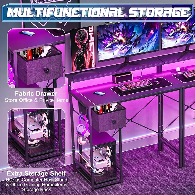 X-cosrack 33.5" Small Gaming Desk with LED Lights & Long Monitor Stand, Compact Computer Desk with Power Outlets & CPU Stand, Gamer Table with Storage Drawer for Home Office, Bedroom Corner, Black - Image 5