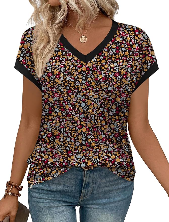 WIHOLL Womens Summer Tops 2026 Cap Short Sleeve Shirs V Neck T Shirts Fashion Beach Vacation Clothes Color Block - Image 2
