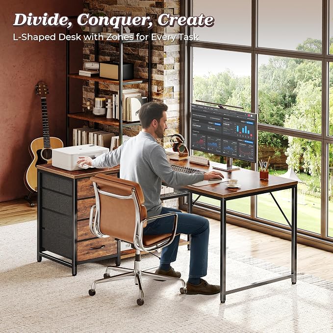 PRAISUN 43.3" Small Computer Desk with Power Outlets & USB-C Port, Reversible L Shaped Corner Office Desk with 4 Fabric Drawers and 2 Adjustable Storage Shelves, for Gaming Writing, Rustic Brown - Image 3