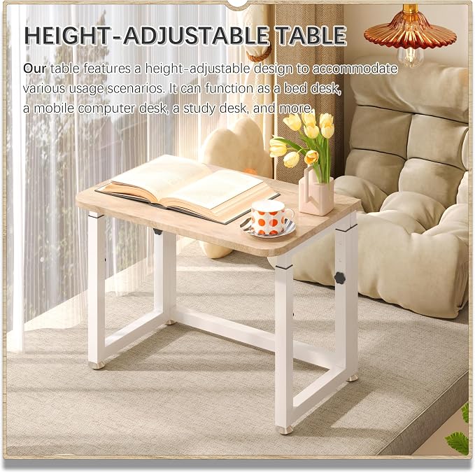 4NM No Tool Assembly 23.6" Small Desk, Folding Portable Desk with Wheels, Adjustable Height Foldable Computer Home Office Desks, Collapsible Study Writing Table for Space Saving Bedroom - Cloud Oak - Image 7