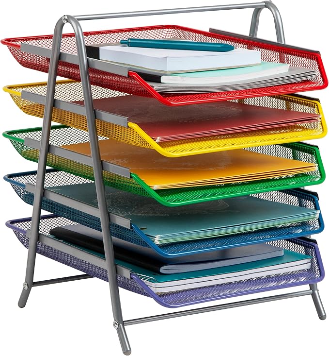 Mind Reader 5-Tier Paper Tray Organizer with Multicolor Trays, Classroom File Organizer for Teachers, Metal Mesh, Assorted Colors by MindReader