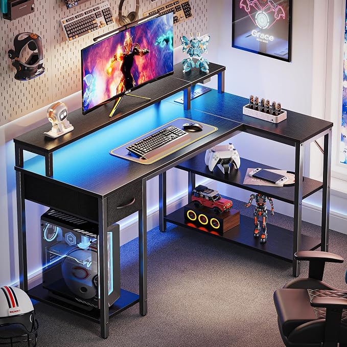 SUPERJARE 47 inch L Shaped Gaming Desk with LED Lights & Power Outlets, Reversible Computer Desk with Shelves & Monitor Stand, Corner Desk with Drawer, for Home & Office, Black - Image 2