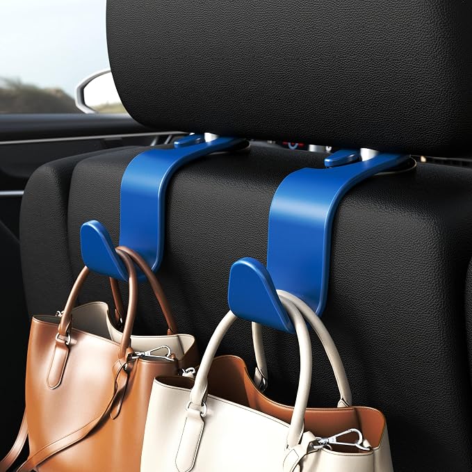 Amooca Car Seat Headrest Hook 4 Pack Hanger Universal Vehicle Car Storage Organizer for Handbag Purse Coat S Type Blue - Image 2