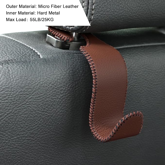 Amooca Car Seat Headrest Hook 4 Pack Metal Core Hanger Universal Car Storage Organizer for Handbag Purse Coat S Type Leather Brown - Image 5