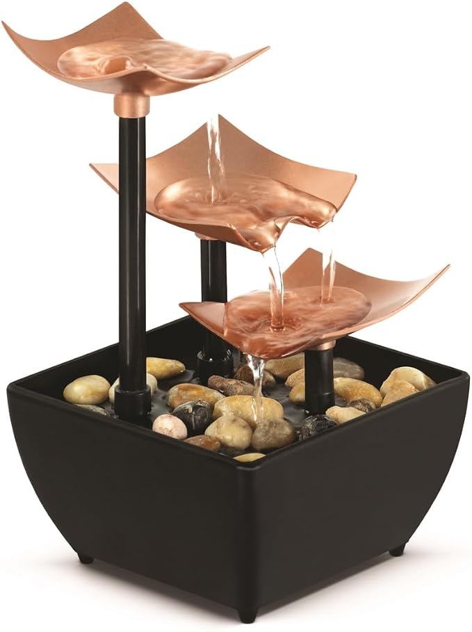 Homedics Tabletop Water Fountain, 3 Tier Indoor Waterfall Fountain with Natural River Rocks, Quiet Pump for Relaxation, Zen Home & Office Desk Décor, AA Battery Powered by Homedics