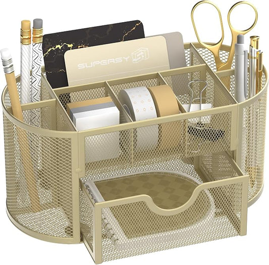 SUPEASY Mesh Desk Organizer, Desk Accessories & Workspace Organizers with Drawers, Pencil Holder for Desk with 9 Compartments for Office Suppliess, 8.6 x 4.3 x 4.1 Inch, Yellow | Pull-Out Drawer Stores Pens, Pencils, Clips, Notes, and Small Office or S... by SUPEASY
