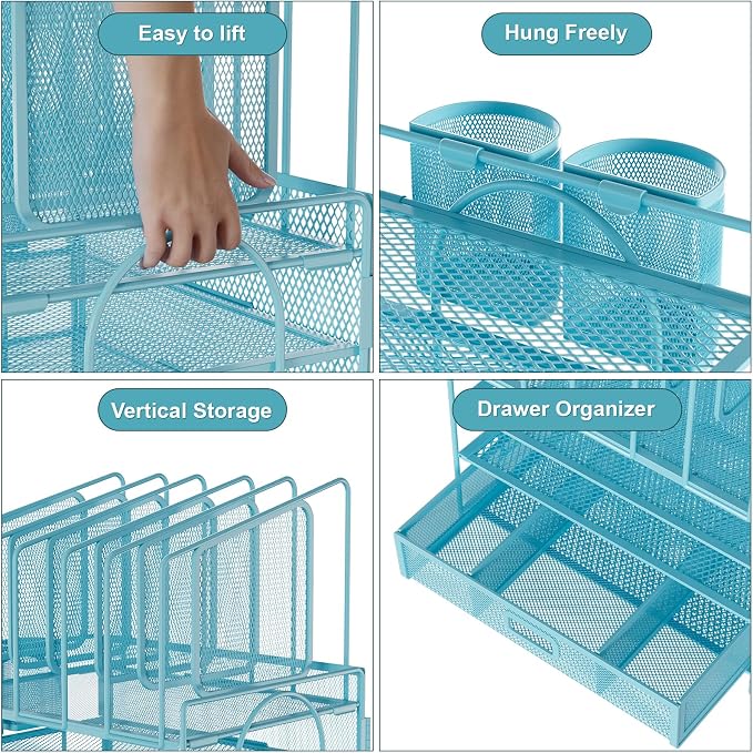 Marbrasse Desk Organizers, 4-Tier Mesh Desk File Organizer with 5 Vertical File Holders and 2 Pen Holders, Multifunction Desktop Organizer,Desk Organizers and Accessories for Home Office (Blue) - Image 2