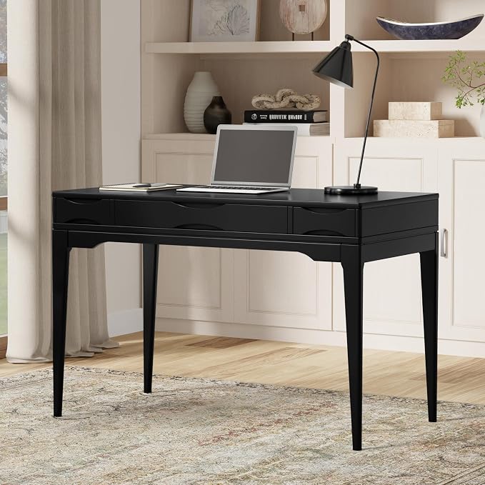 SIMPLIHOME Harper Small Desk - 48 inch Wide Solid Hardwood Writing Desk in Black, Mid-Century Modern Home Office Table for Study or Work with 2 Drawers and Flip-Down Keyboard Tray - Image 2