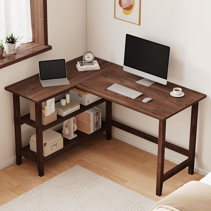 IOTXY Reversible L-Shaped Office Desk - 45" Compact Corner Computer Table with Storage Shelves, Solid Wood Legs, Writing & Study Workstation for Small Spaces, Walnut by IOTXY