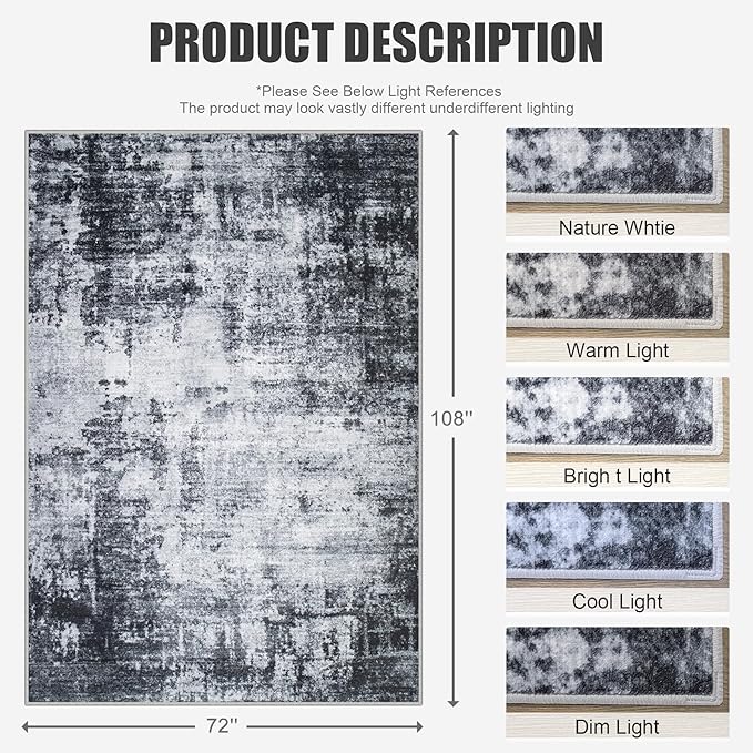 6x9 Area Rug Living Room Rug: Washable Modern Abstract Soft Thin Rug Indoor Floor No Slip Stain Resistant Carpet for Bedroom Dining Room Farmhouse Nursery Home Office - Dark Black - Image 2