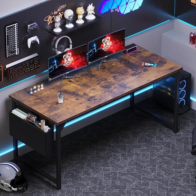 OLIXIS Computer Desk, 63 Inch Gaming Desks for Home Office Small Spaces | Writing Study Craft Work Table, Computer Workstation for Bedroom with Storage Bag, Rustic Brown - Image 2