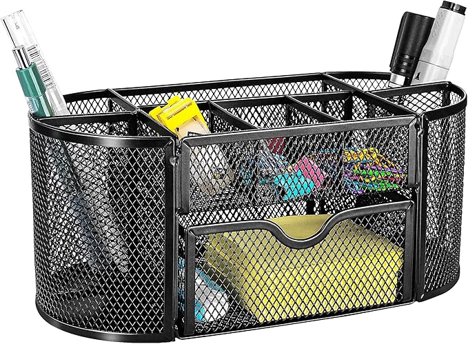 Amazon Basics Mesh Desk Organizer with Pen Holder, Pullout Drawer and Office Caddy Storage, 9.25" x 4.53" x 3.94", Black - Image 4