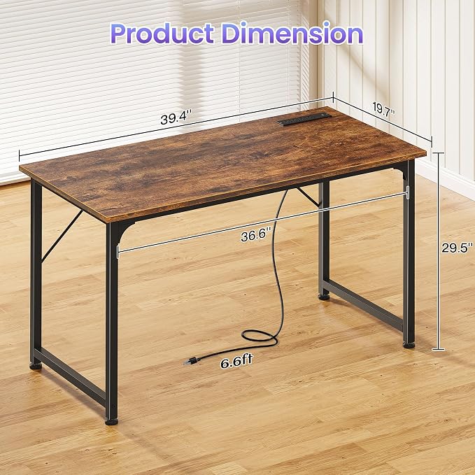 PRAISUN 40 X 20 Inch Computer Desk, Power Outlets, USB-C, Rustic Brown | Office Desk with 4 AC Outlets, USB & USB-C, Sturdy Metal Frame, Spacious Desktop for Work, Writing, Study & Gaming - Image 3