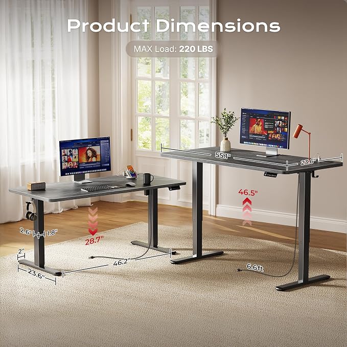 Huuger Electric Standing Desk with Power Outlets and USB-C Port, 55 X 24 Inch Height Adjustable Desk, Sit Stand Desk for Home Office, Computer & Gaming Desk with 4 Presets, Stable Steel Frame, Grey - Image 5