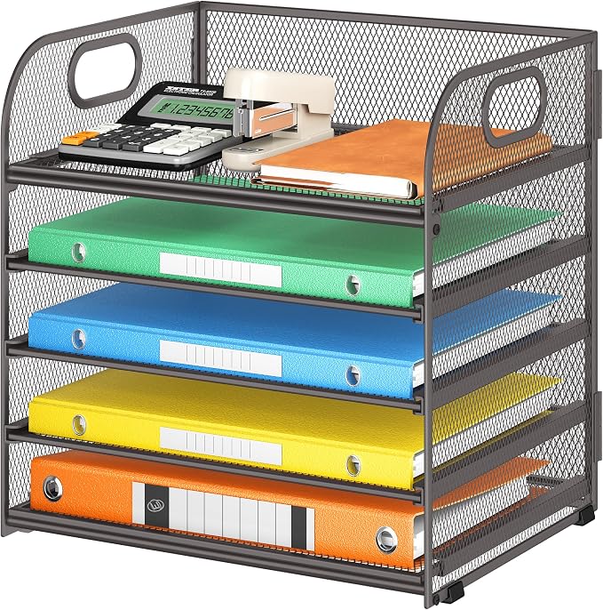 Lavatino 5 Tray Desk File Organizer, Mesh Paper Sorter Letter Tray Organizer with Handle, Desktop File Organizer and Storage for Letter/A4 Office File Folder- Grey by Lavatino