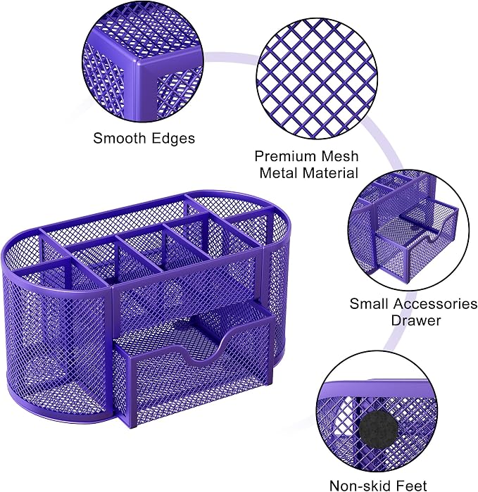 EasyPAG Mesh Pen Holder Desk Organizer with Drawer Stationery Supplies Organizer for Dorm School 9 Compartments Workspace Desk Accessories Organization for Office, Purple - Image 4