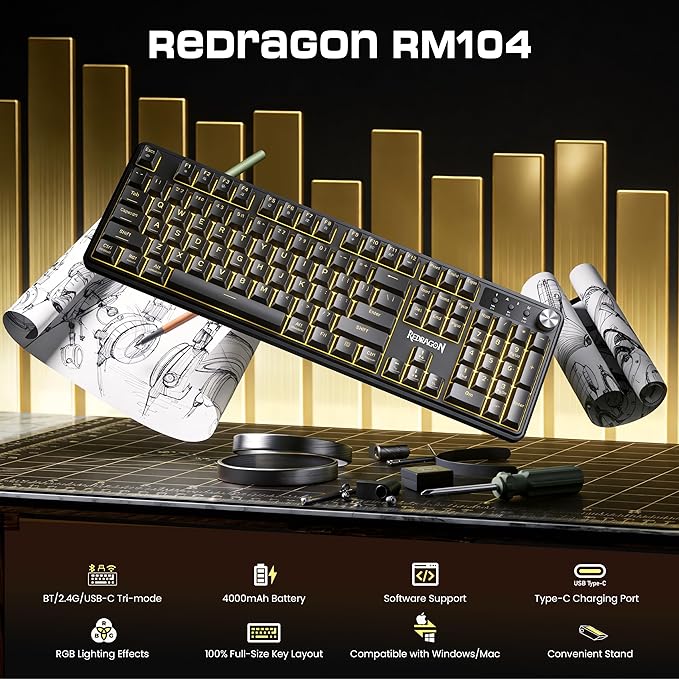 Redragon RM104 Wireless Gaming Keyboard with Knob, Tri-Mode BT/2.4G/USB-C RGB Computer Keyboards, 4000mAh Battery, Programmable Software Support, Anti-Ghosting, Compatible with PC Mac - Image 2