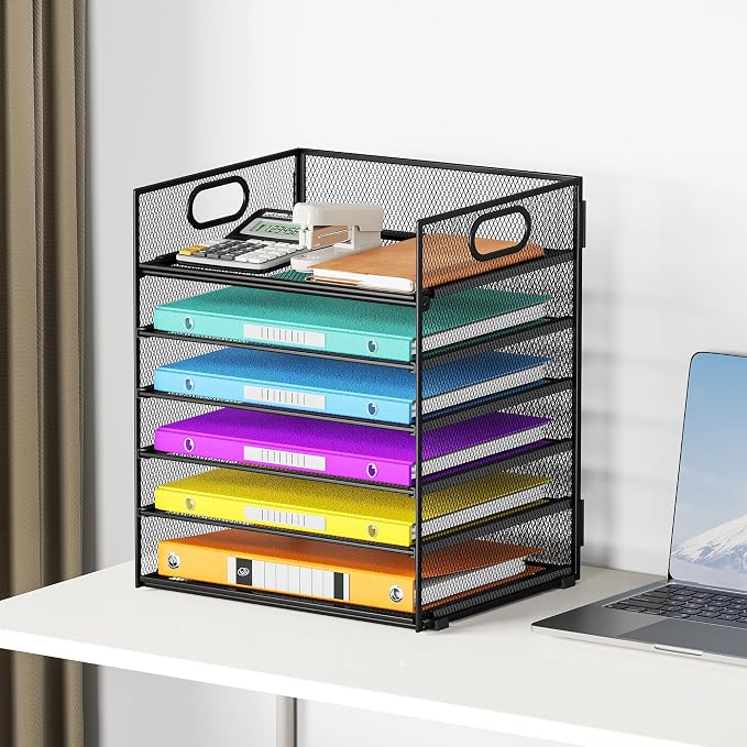 6 Tray Paper Organizer Letter Tray with Handle - Mesh Desk File Organizer, Paper Sorter Organizer for Office, Home or School File Folder Holder -Black - Image 6