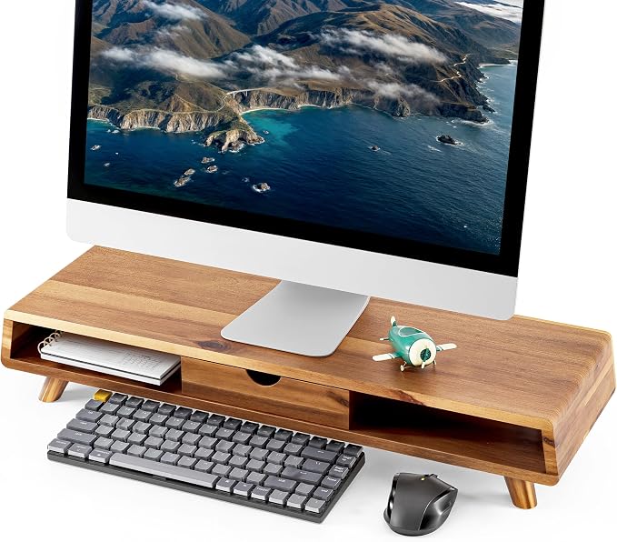TINAMO Acacia Wood Monitor Stand with Drawer - Wooden Monitor Riser for Desk - Computer Monitor Stand for Desk - Multi-Purpose Desktop Storage Stand for Computer; Laptop; Printer; TV - 24.4 " x 8" x 5" (Patented) by TINAMO