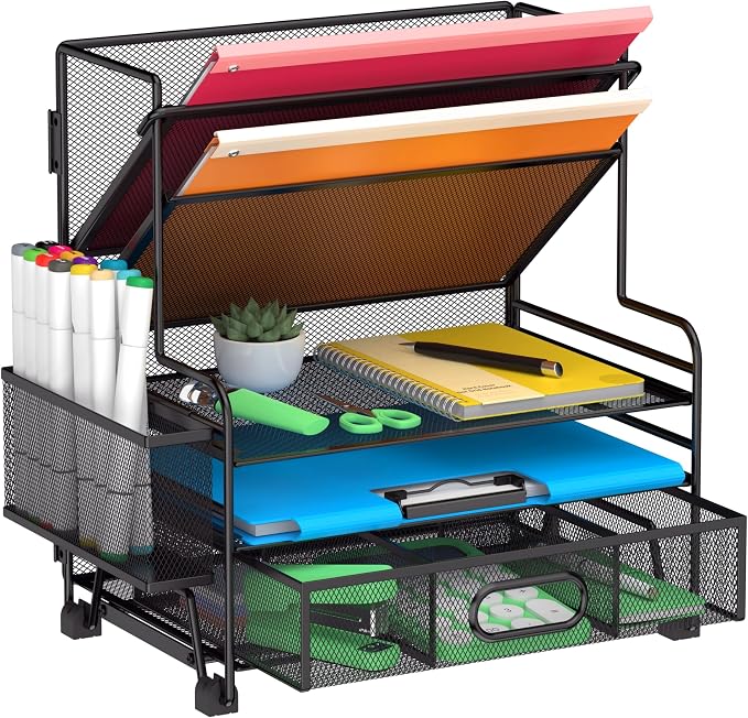 5 Tier Desk Organizer with Drawer & Pen Holders, Desk File Organizer Letter Tray Paper Organizer, Black by Delifox