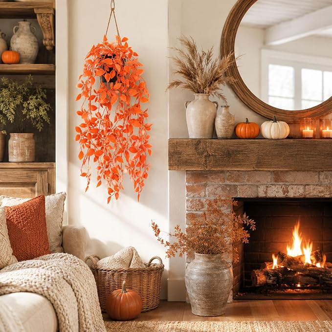 Der Rose 2Pcs Fake Fall Hanging Plants for Home Bathroom Wall Outdoor | Orange artificial hanging plants for autumn decor accents, fall bathroom and kitchen decor, porch, patio and covered decor - Image 4