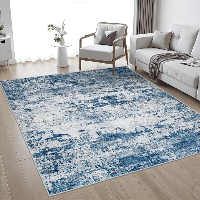 5x5 Area Rug Living Room Rug: Washable Modern Abstract Soft Thin Rug Indoor Floor No Slip Stain Resistant Carpet for Bedroom Dining Room Farmhouse Nursery Home Office - Blue - Image 2