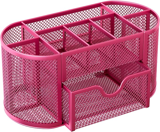 EasyPAG Mesh Pen Holder Desk Organizer with Drawer Stationery Supplies Organizer for Dorm School 9 Compartments Workspace Desk Accessories Organization for Office, Hot Pink - Image 2