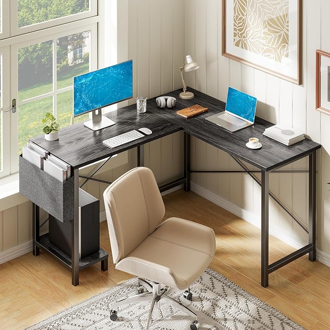 Alpen Gaming Desk, Home Office L Shaped Desk, Small Computer Corner PC Table with Side Bag and Reversible Shelf, Sturdy Writing Workstation for Bedroom, Living Room, Grey by ALPEN