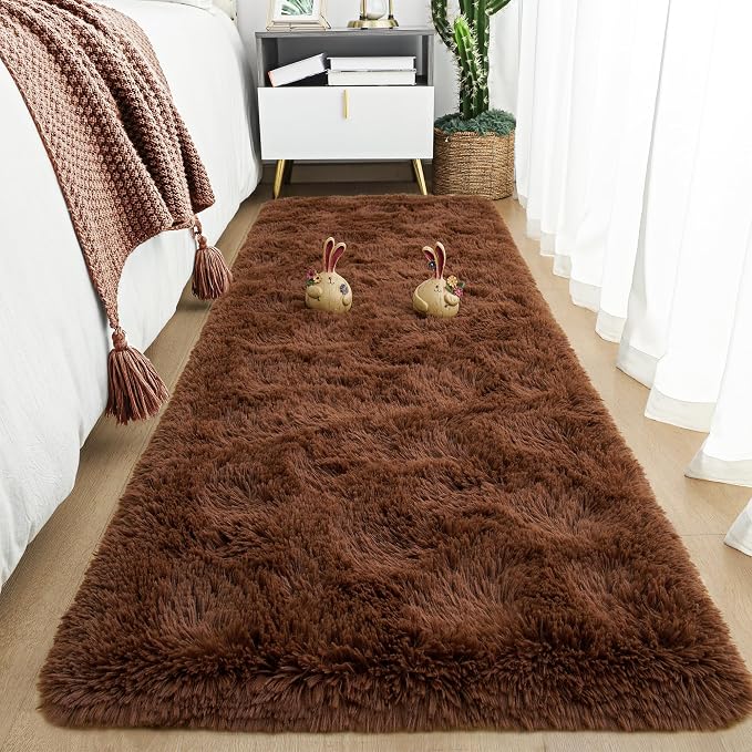 Tepook Soft Runner Rugs for Bedroom 2x6 ft with Rubber Backing, Brown Fluffy Rugs for Living Room, Shag Bedside Rug Fuzzy Plush Carpet for Room, Area Rug for Dorm Nursery Hallway Indoor Home Decor by Tepook