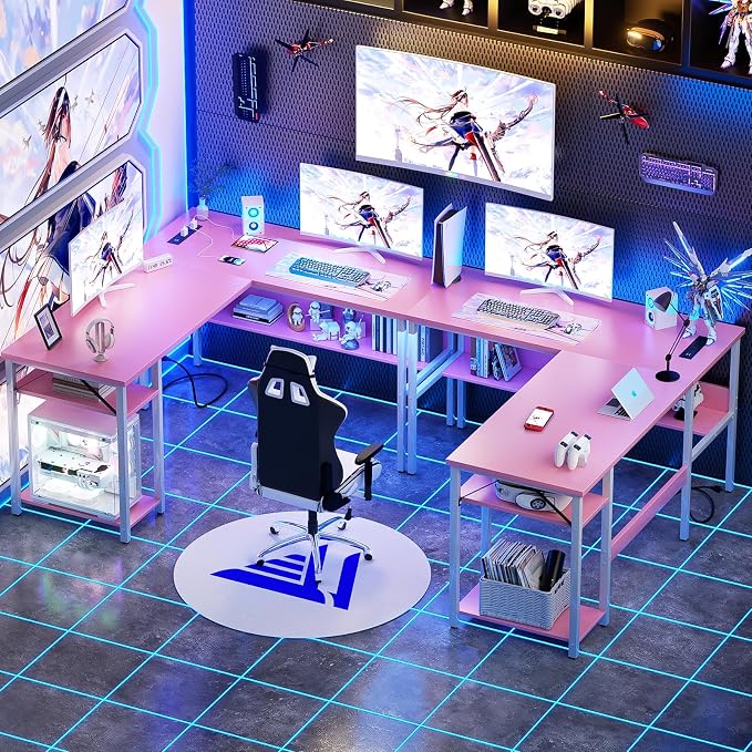 Unikito Reversible L Shaped Desk with Magic Power Outlets and USB Charging Ports, Sturdy Corner Computer Desk with Storage Shelves, Gaming Table Home Office Desk, Easy to Assemble, Pink - Image 8