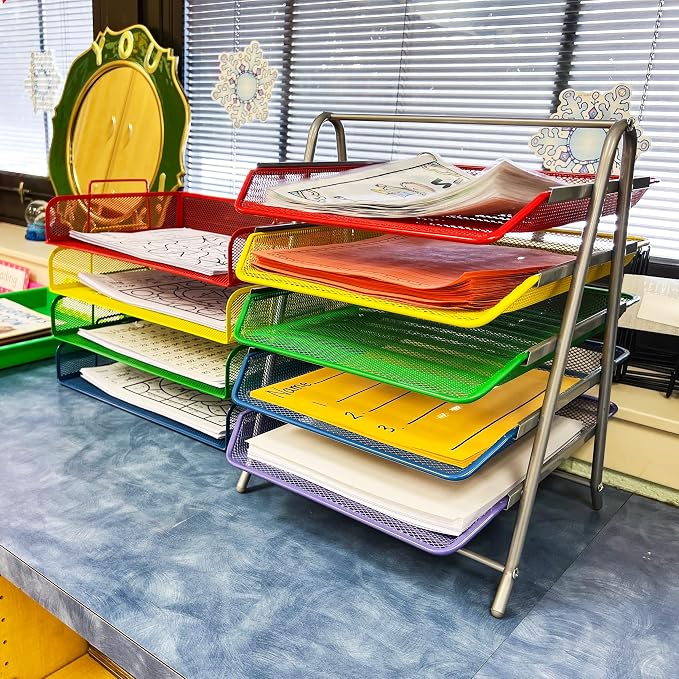Mind Reader 5-Tier Paper Tray Organizer with Multicolor Trays, Classroom File Organizer for Teachers, Metal Mesh, Assorted Colors - Image 2