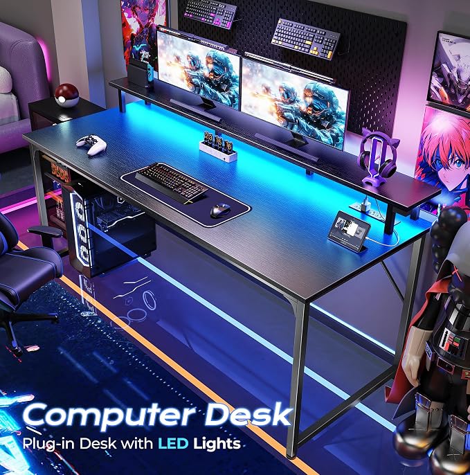 PRAISUN 55 inch Gaming Desk, LED & Power Outlets, Monitor Stand, Black | Sturdy PC Desk for Home Office, Study & Work, LED Lights, 4 AC Outlets & USB-C Charging Station - Image 4