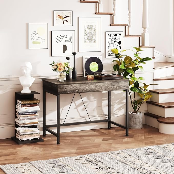 Mexin Small Desk with 2 Wooden Drawers, 40 Inch Home Office Writing Desk, Vanity Desk with Storage, Computer Desk for Bedroom Small Spaces, Table for Office, Work, Kids Study, Makeup, Gray Oak - Image 7