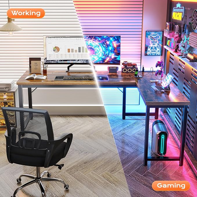 Huuger 63 Inch L Shaped Desk with Power Outlets and USB-C Port, 0.95 Inch Thicker Desktop, Reversible Computer Desk, Larger Office Corner Gaming Desk, Metal Frame, for Home Office, Study, Rustic Brown - Image 6