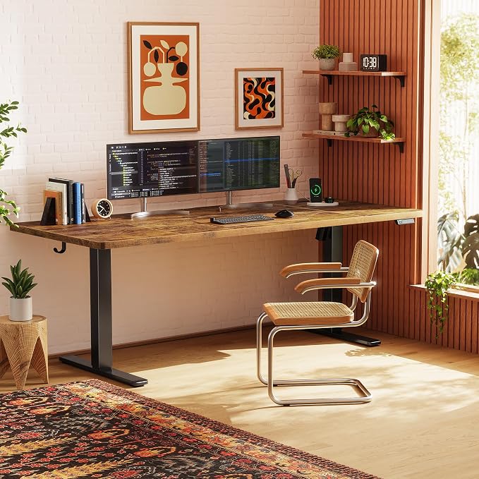 Huuger 71 X 30 Inch Electric Standing Desk with Power Outlets and USB-C Port, Height Adjustable Desk, Sit Stand Desk for Home Office, Computer Desk with 4 Presets, Stable Steel Frame, Rustic Brown - Image 2
