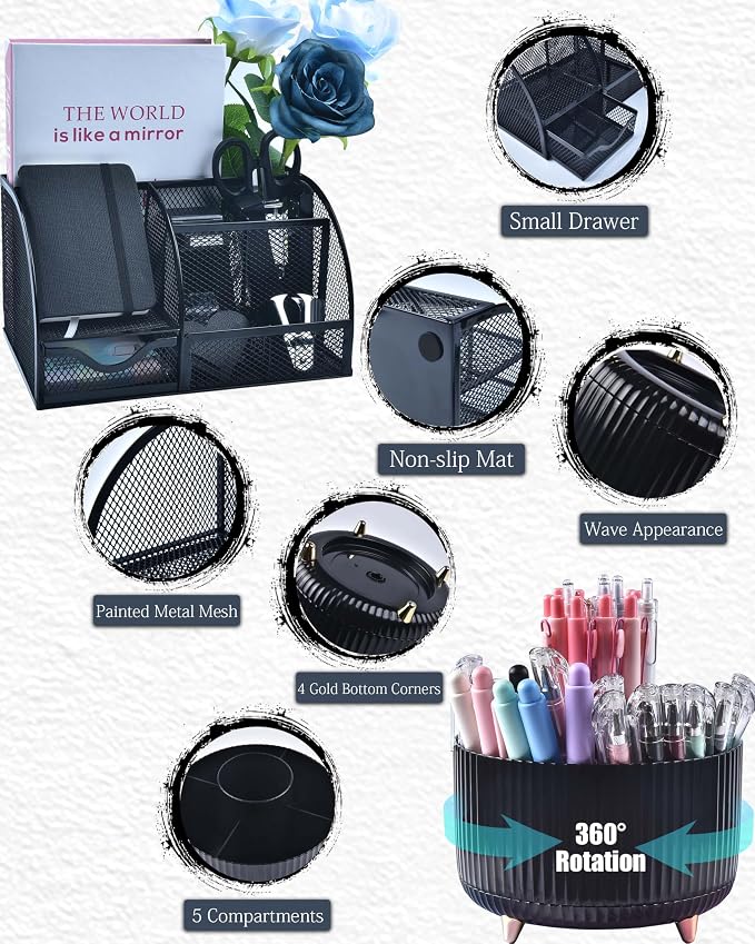 LXEVIHK 20Pcs Black Desk Organizers and Accessories With Mesh Desk Organizer and 360°Rotating Pen Holder and a Lot of Office Black Office Supplies Beautifully Presented in a Gift Box - Image 2