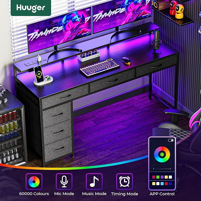 Huuger Gaming Desk with 6 Drawers, Computer Desk with LED Lights Power Outlets and Type-C, 55 Inch Office Desk with Storage, Monitor Stand, Writing Desk Work Desk Home Office, Bedroom, Black, 1CD102B - Image 6