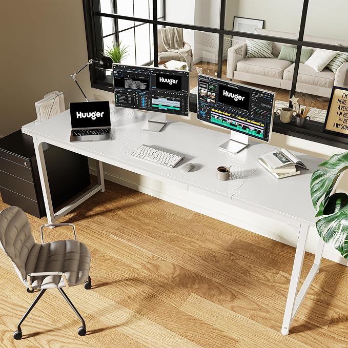 Huuger Computer Desk, 70 Inch Office Desk, Gaming Desk with Storage, Writing Desk Work Desk for Home Office, Study, Long Simple Desk, Large Legroom, Metal Frame, White - Image 6