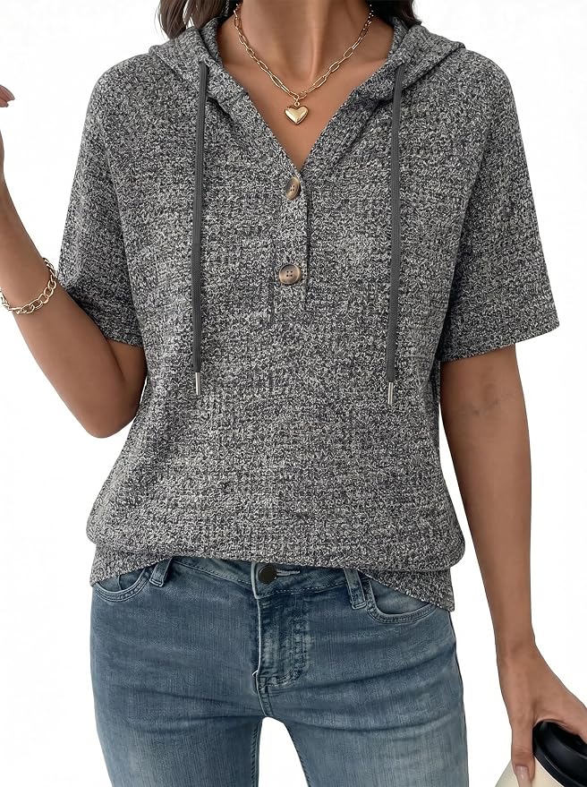 Dokotoo Womens Summer Tops 2026 Short Sleeve Button V Neck Waffle Knit Lightweight Drawstring Hoodies Casual Blouses Shirts by Dokotoo