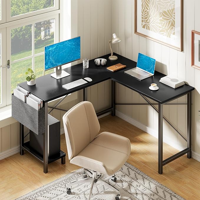 Alpen L Shaped Desk, 50 Inch Computer Desk, Gaming Table Corner Desk for Small Space, Home Office Desk with CPU Stand and Side Storage Bag, Sturdy Writing Workstation for Bedroom, Black by ALPEN