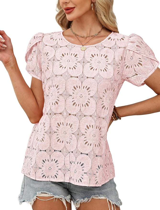 OFEEFAN Blouses for Women Dressy Casual Petal Short Sleeve Shirts Crochet Lace Boho Tops Spring Fashion Summer Outfits - Image 3