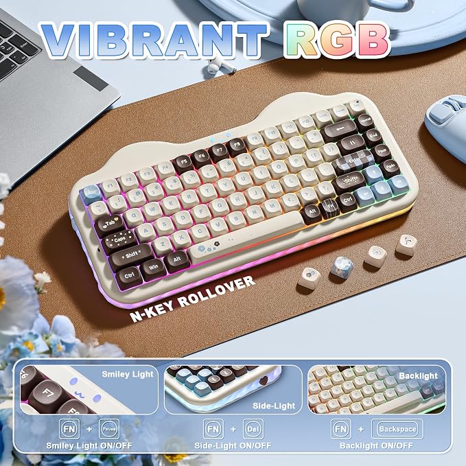 YUNZII C75 Cute 75% Wireless Mechanical Keyboard (Choco, Candy Switch) | Creamy Cake Keyboard, BT5.0/2.4G/USB-C, Hot-Swap, NKRO, PBT MOA Keycaps,5500mAh RGB Gasket Mount for Mac/Win/Gaming/Office - Image 8