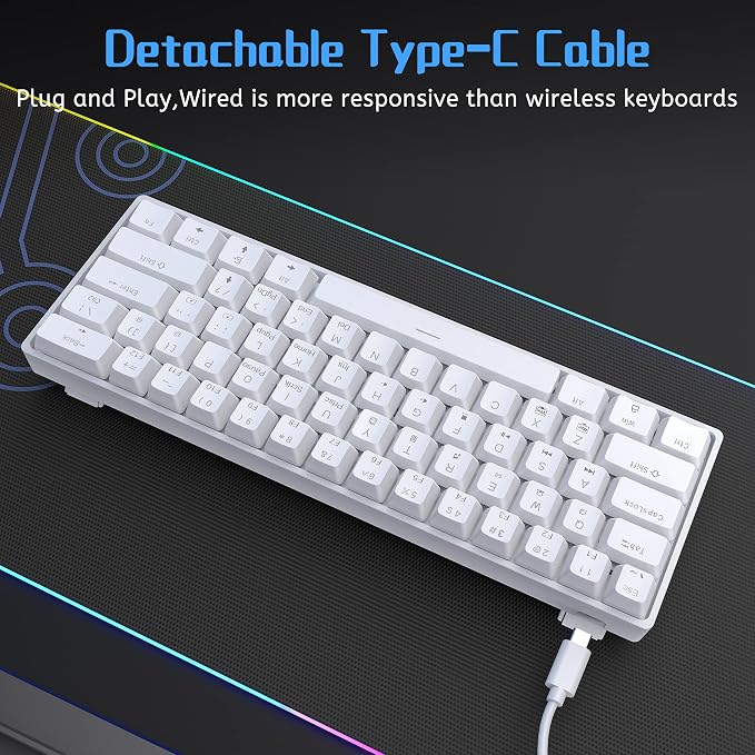DIERYA 60% Mechanical Keyboard, DK61se Wired Gaming Keyboard with Red Switches, LED Backlit Ultra-Compact 61 Keys Mini Office Keyboard for Windows Laptop PC Gamer Typist（White） - Image 5